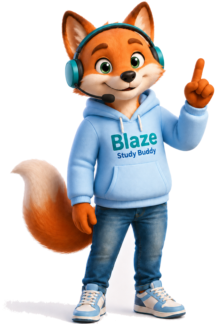 Blaze the NurEd mascot pointing up, explaining