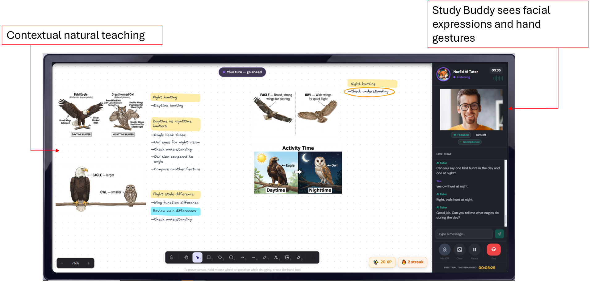 A live Study Buddy whiteboard tutoring session, with a real-time voice chat transcript alongside